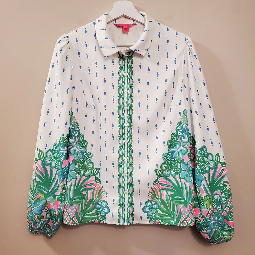 Lilly Pulitzer - Tavia Top Resort White Coconut Row Blouse - Size M - Picture 4 of 11